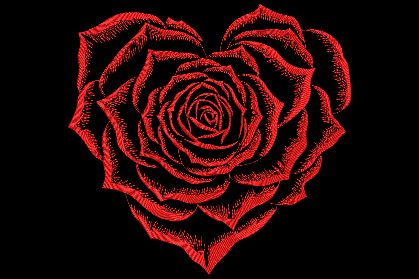 Heart shaped rose embroidery design with bold red petals fanning into a heart silhouette and woodcut crosshatch shading.