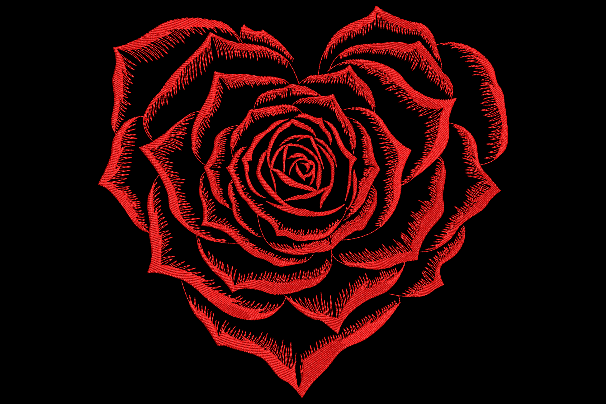 Heart shaped rose embroidery design with bold red petals fanning into a heart silhouette and woodcut crosshatch shading.