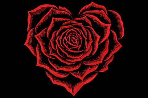 Heart shaped rose embroidery design with bold red petals fanning into a heart silhouette and woodcut crosshatch shading.