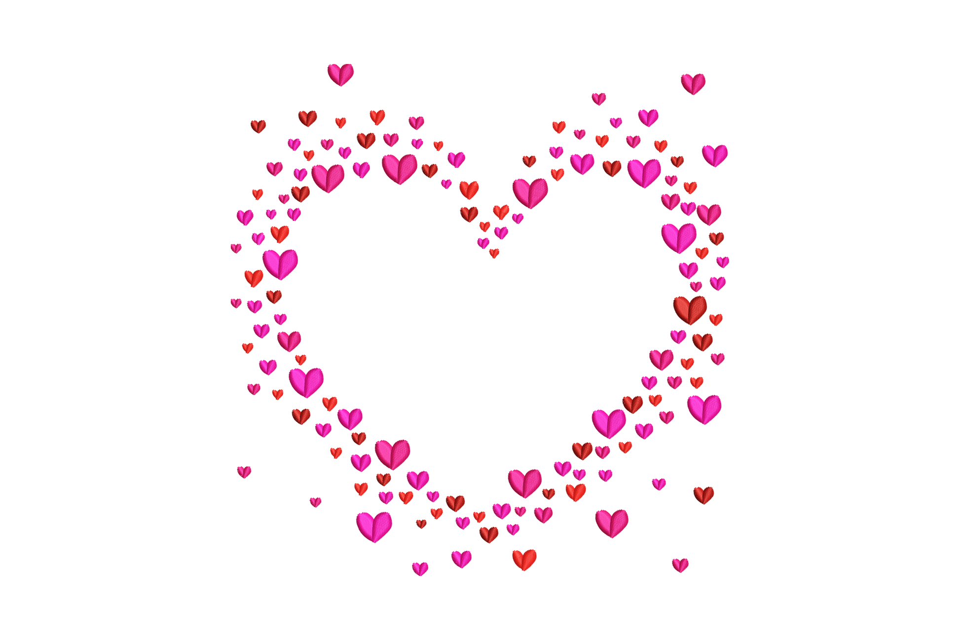 Heart shape made of mini hearts embroidery, 4 shades red and pink, open centre, 5 sizes 3.51 to 7.51 inches