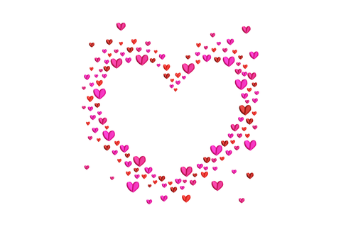 Heart shape made of mini hearts embroidery, 4 shades red and pink, open centre, 5 sizes 3.51 to 7.51 inches