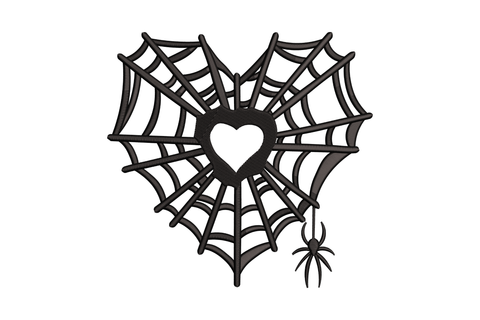 Heart-shaped spider web embroidery design with a solid black heart centre and a dangling spider at the tip, single black thread, 5 sizes from 3.38 to 7.23 inches wide.
