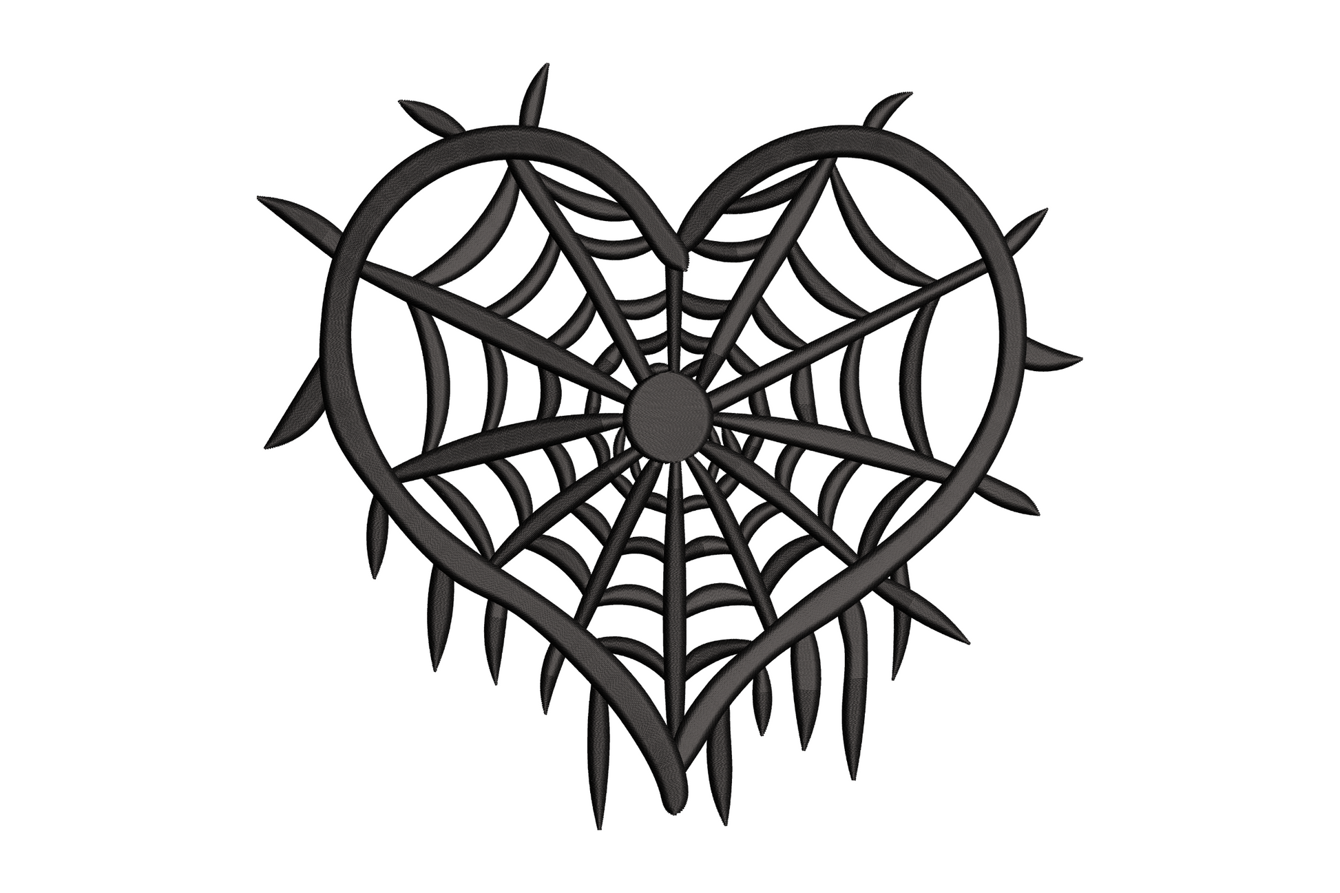 Heart shape with spider web lines stitched across, bold single-colour Halloween embroidery design on fabric