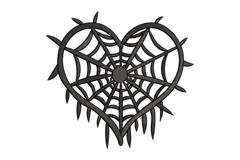 Heart shape with spider web lines stitched across, bold single-colour Halloween embroidery design on fabric