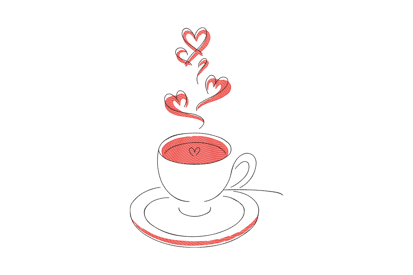 Heart steam coffee cup embroidery in red and black line art with three heart shaped steam curls rising from a saucer cup