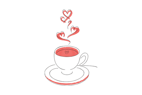 Heart steam coffee cup embroidery in red and black line art with three heart shaped steam curls rising from a saucer cup