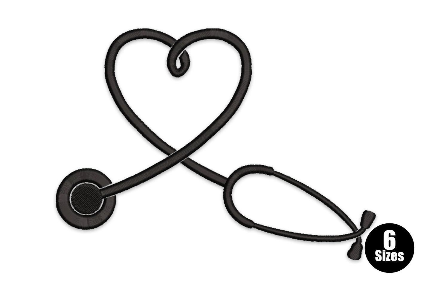 Heart stethoscope embroidery design, black outline tubing looped into a heart with round diaphragm at the bottom point, single colour.