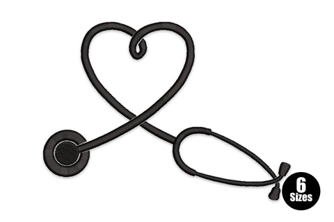Heart stethoscope embroidery design, black outline tubing looped into a heart with round diaphragm at the bottom point, single colour.