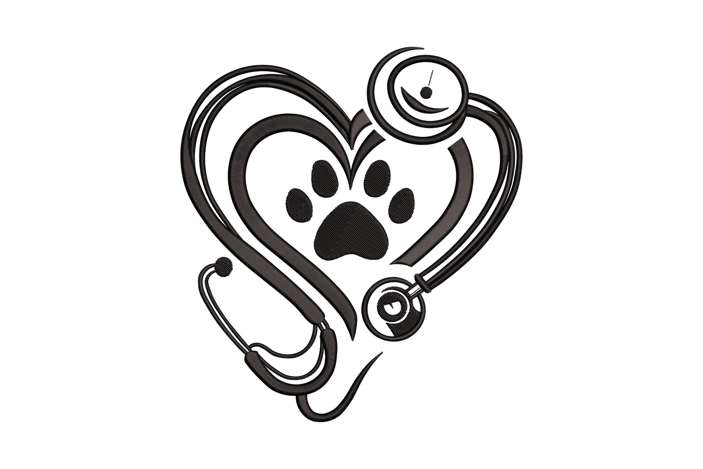 Vet heart stethoscope paw print embroidery design, black outline heart formed from stethoscope tube with paw centred inside.