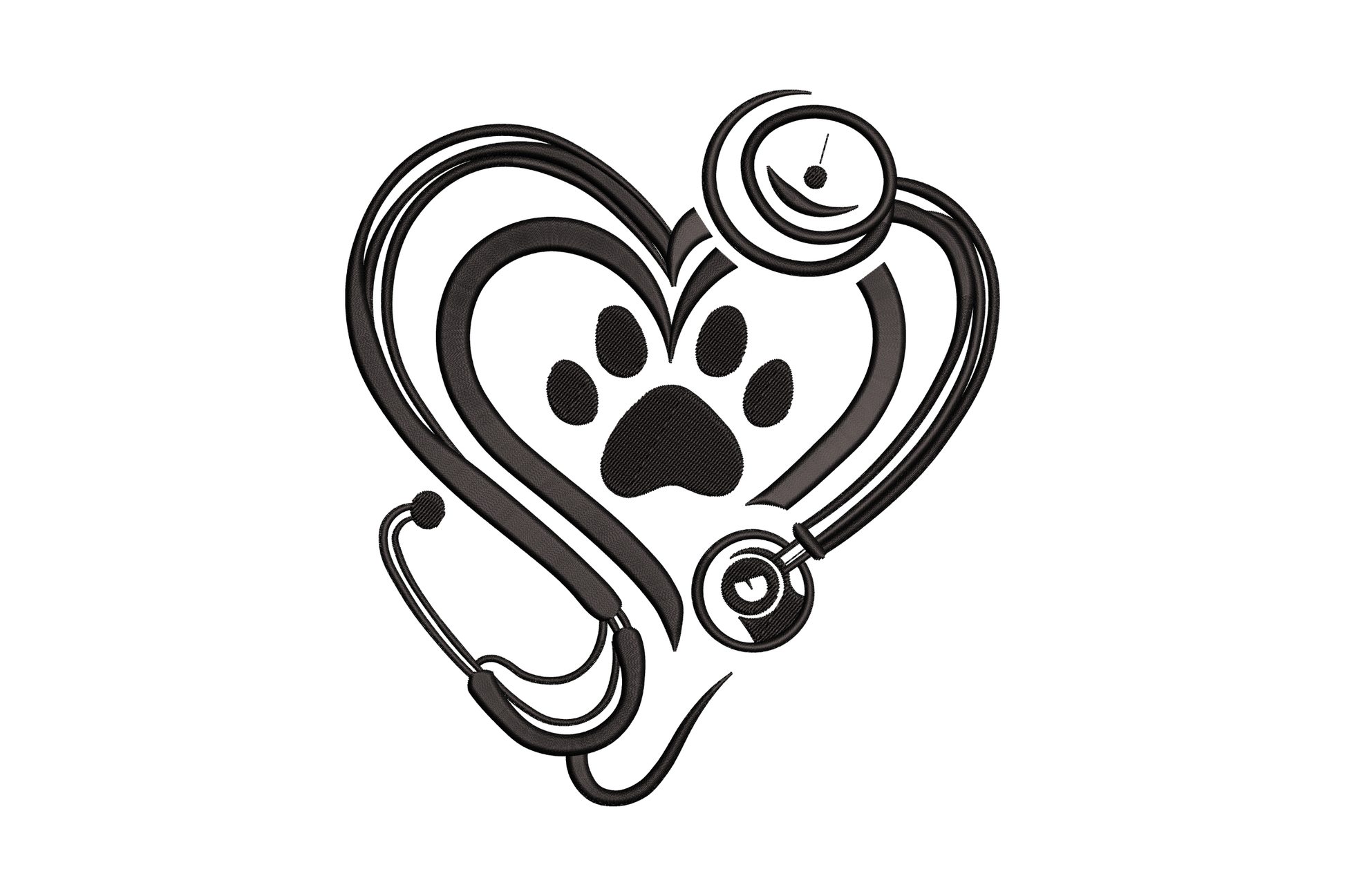 Vet heart stethoscope paw print embroidery design, black outline heart formed from stethoscope tube with paw centred inside.