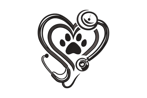 Vet heart stethoscope paw print embroidery design, black outline heart formed from stethoscope tube with paw centred inside.