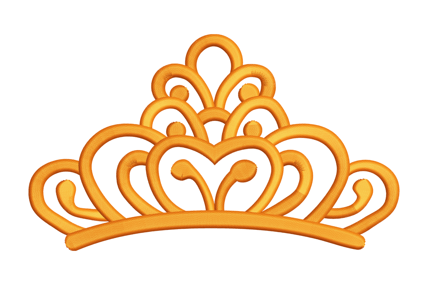 Princess crown outline with twin swirls forming a centre heart and looped peaks fanning outward, single goldenrod thread