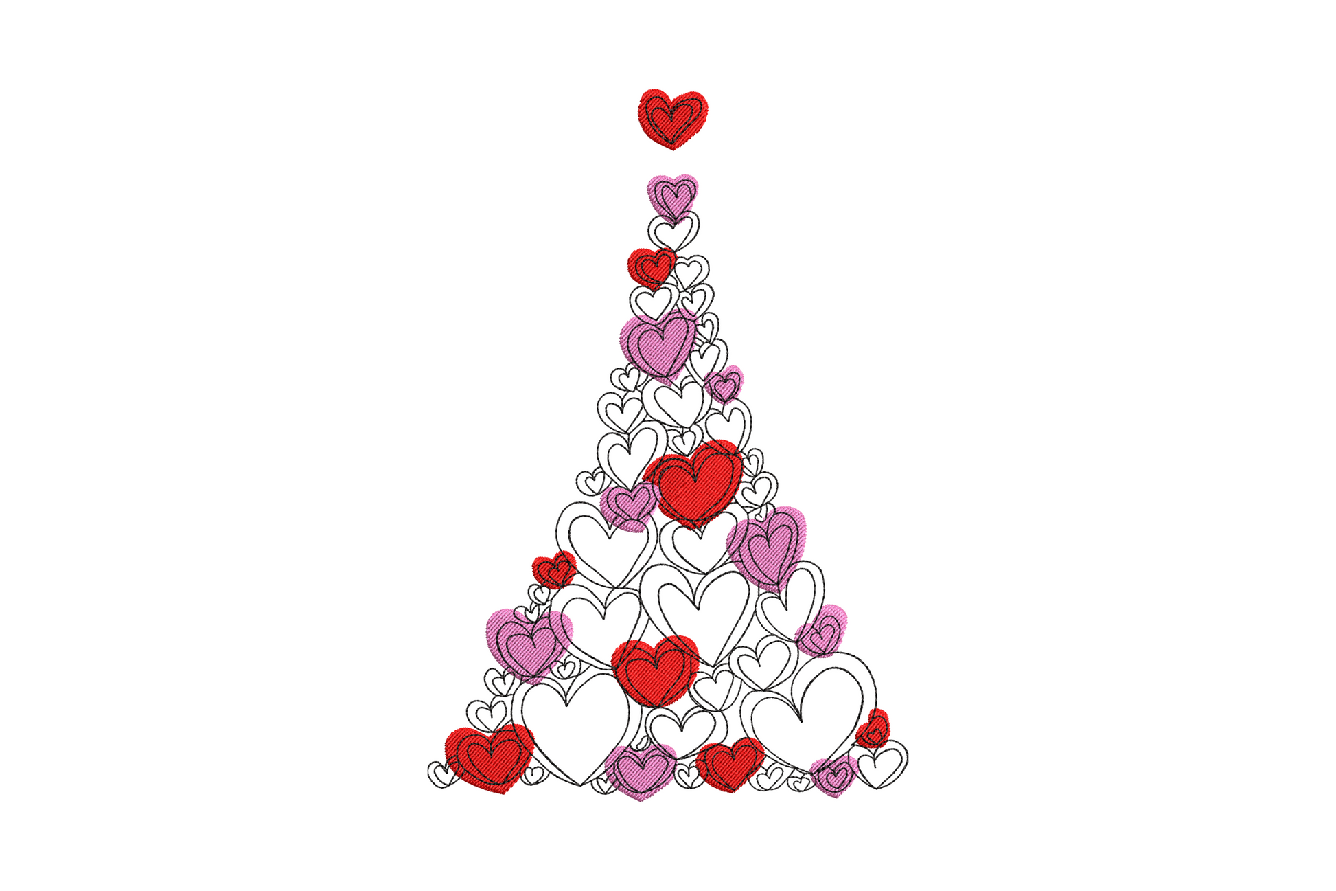 Machine embroidery heart tower of stacked red, pink and white hearts in a triangle on white background