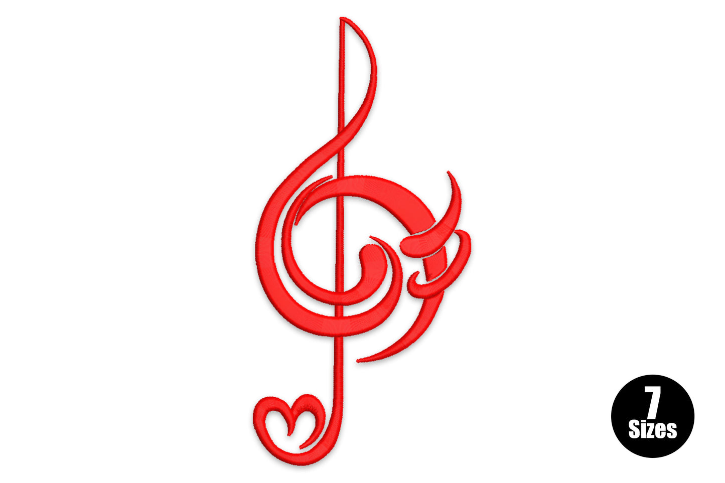 Heart treble clef embroidery design, single colour line art, clef and heart merged as one outline, 7 sizes from 2 to 8 inches.