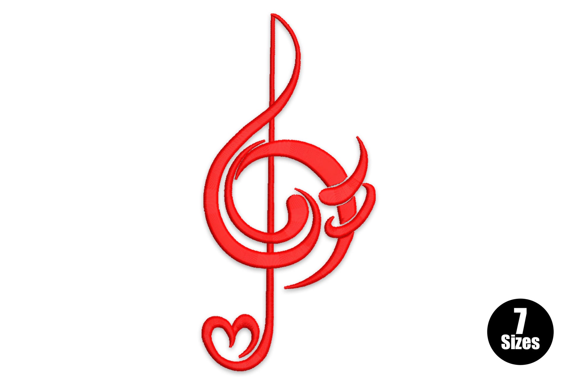 Heart treble clef embroidery design, single colour line art, clef and heart merged as one outline, 7 sizes from 2 to 8 inches.