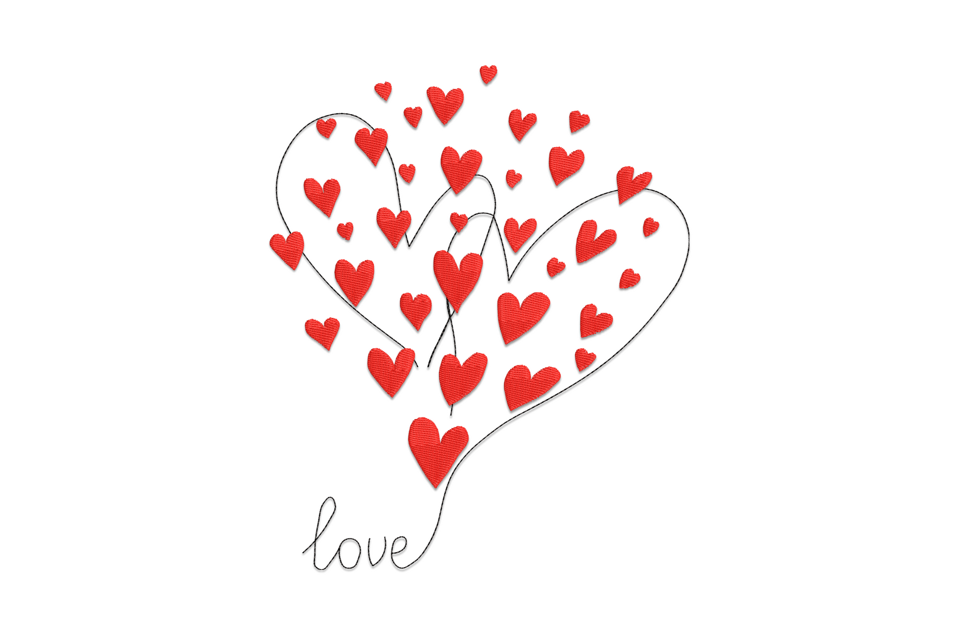 Heart tree love machine embroidery design showing a black heart outline filled with red satin heart shapes branching upward like a tree, with cursive love script below