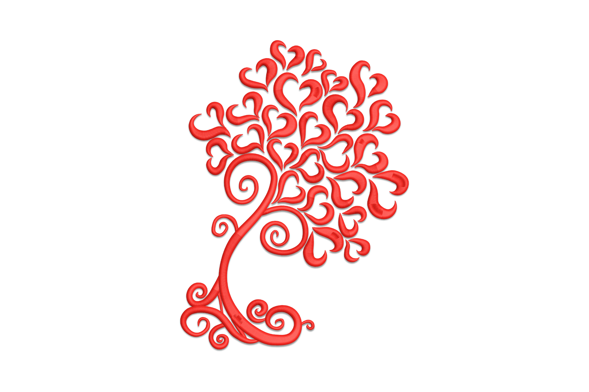 Heart tree embroidery design, bare tree silhouette with heart shapes at every branch tip, single colour valentine