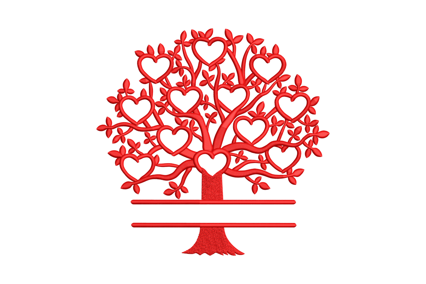 Heart tree of love embroidery design showing a tree canopy made of small scarlet hearts on a chocolate brown trunk, machine embroidery instant download.