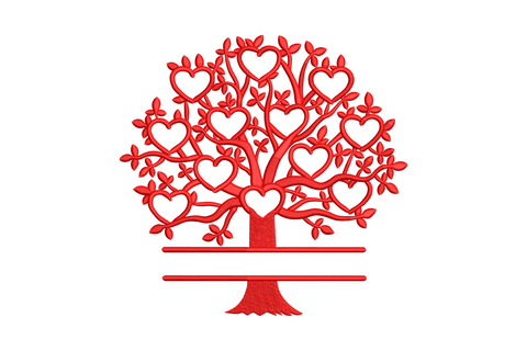 Heart tree of love embroidery design showing a tree canopy made of small scarlet hearts on a chocolate brown trunk, machine embroidery instant download.
