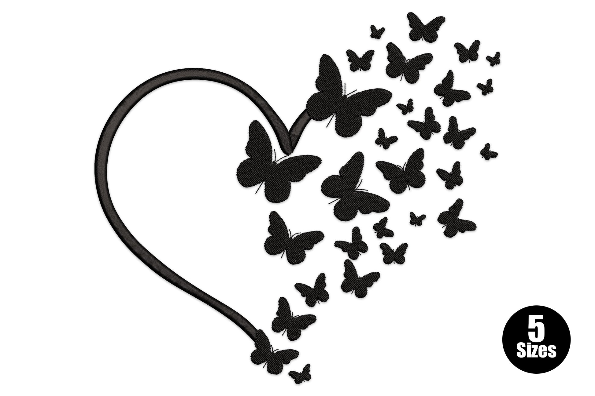 Black line art heart outline with flying butterflies lifting off the top right corner, single colour embroidery design.