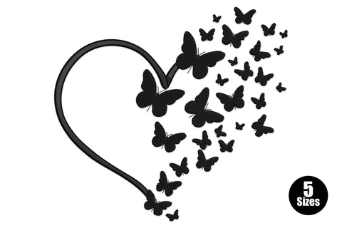 Black line art heart outline with flying butterflies lifting off the top right corner, single colour embroidery design.