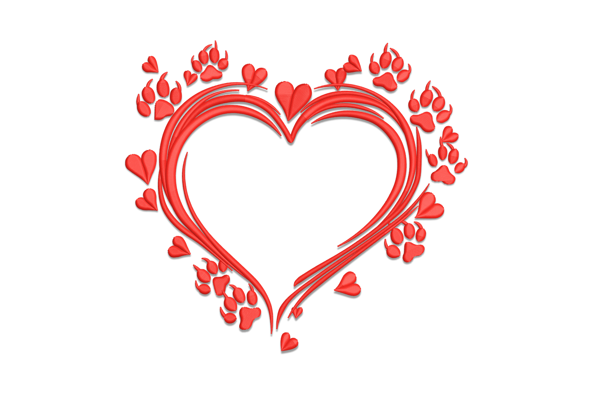 Red heart embroidery design built from tiny paw prints clustered along the edges, single colour pet lover frame