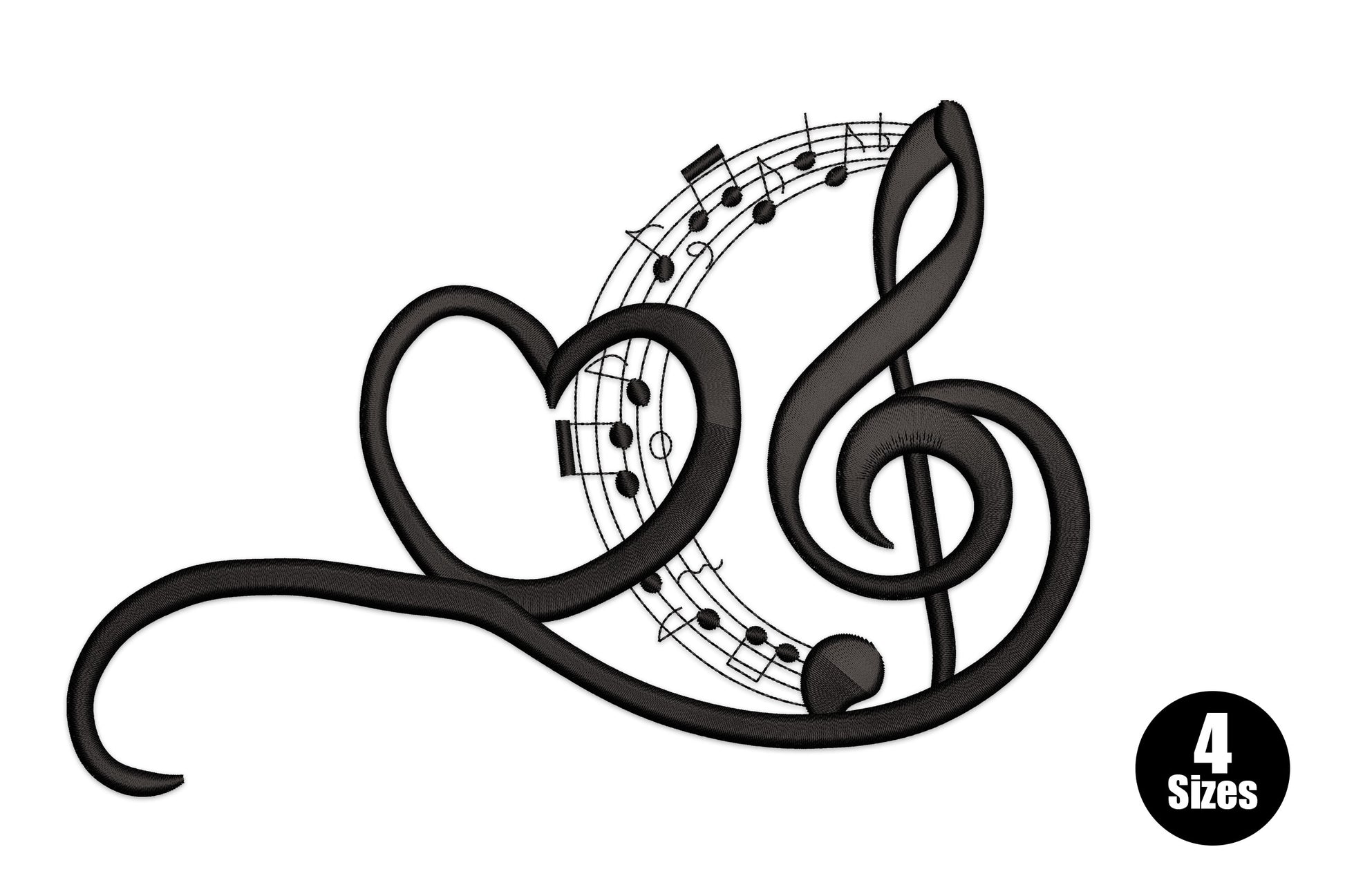 Heart and treble clef embroidery in black, lower clef loop forms a heart shape with musical staff and notes inside, 4 sizes.