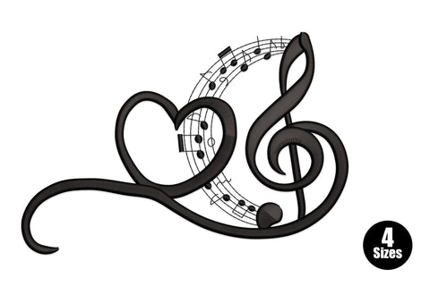 Heart and treble clef embroidery in black, lower clef loop forms a heart shape with musical staff and notes inside, 4 sizes.
