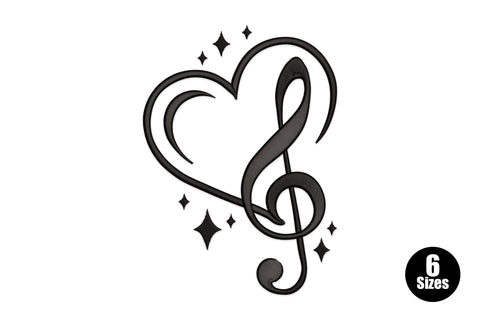 Treble clef merged with heart outline embroidery design, sparkle stars, 1 colour, 6 sizes from 2 to 7 inches