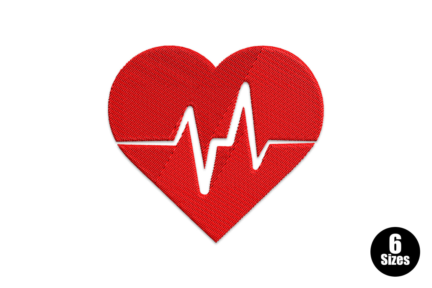 Heartbeat heart embroidery design showing a bold solid red filled heart with a white EKG pulse line running through the centre.