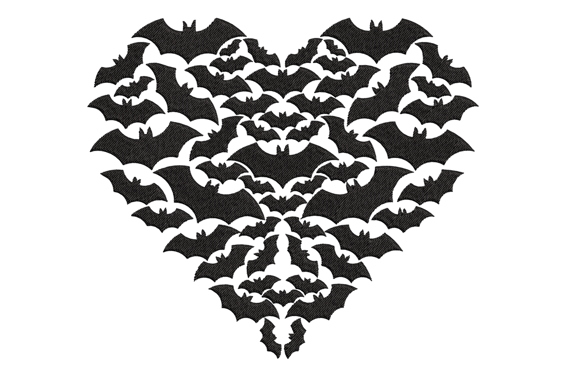 Heart shape formed from packed flying bats in all black embroidery, individual bat wing detail visible up close, halloween design
