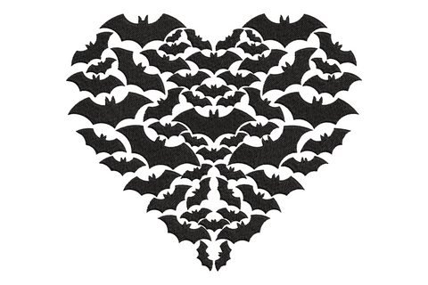 Heart shape formed from packed flying bats in all black embroidery, individual bat wing detail visible up close, halloween design