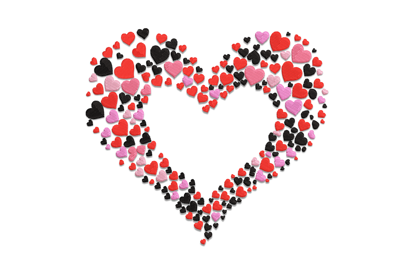 Heart of hearts embroidery design, large heart filled with smaller hearts in deep red to blush gradient