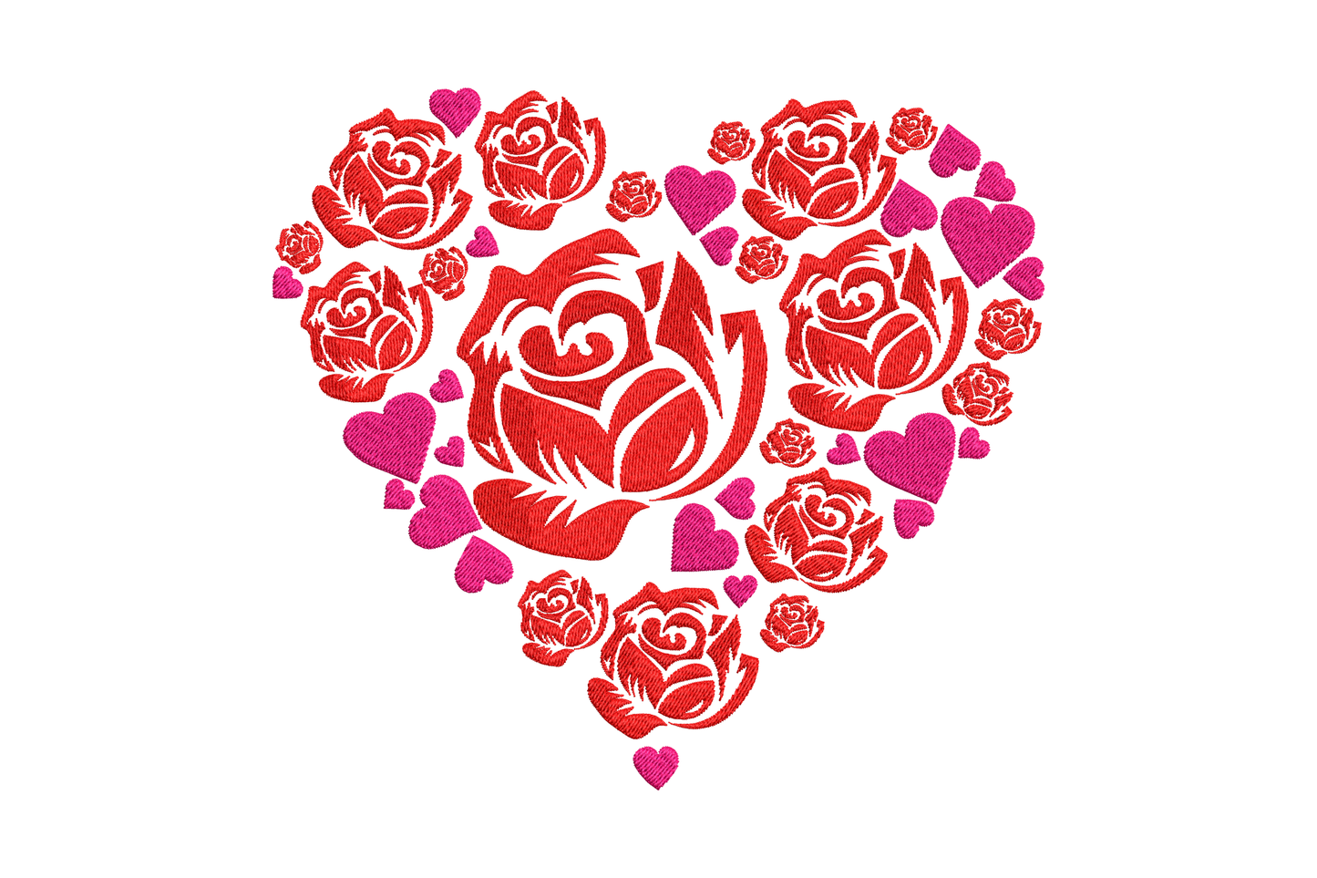 Heart of roses machine embroidery design, red roses and pink hearts packed into heart shape, two-color Valentine design
