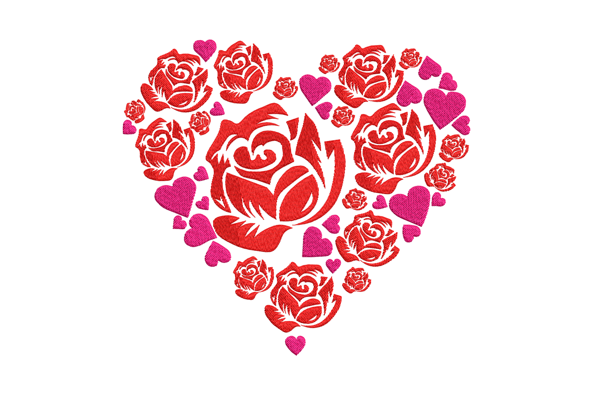 Heart of roses machine embroidery design, red roses and pink hearts packed into heart shape, two-color Valentine design