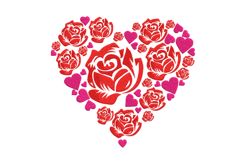Heart of roses machine embroidery design, red roses and pink hearts packed into heart shape, two-color Valentine design