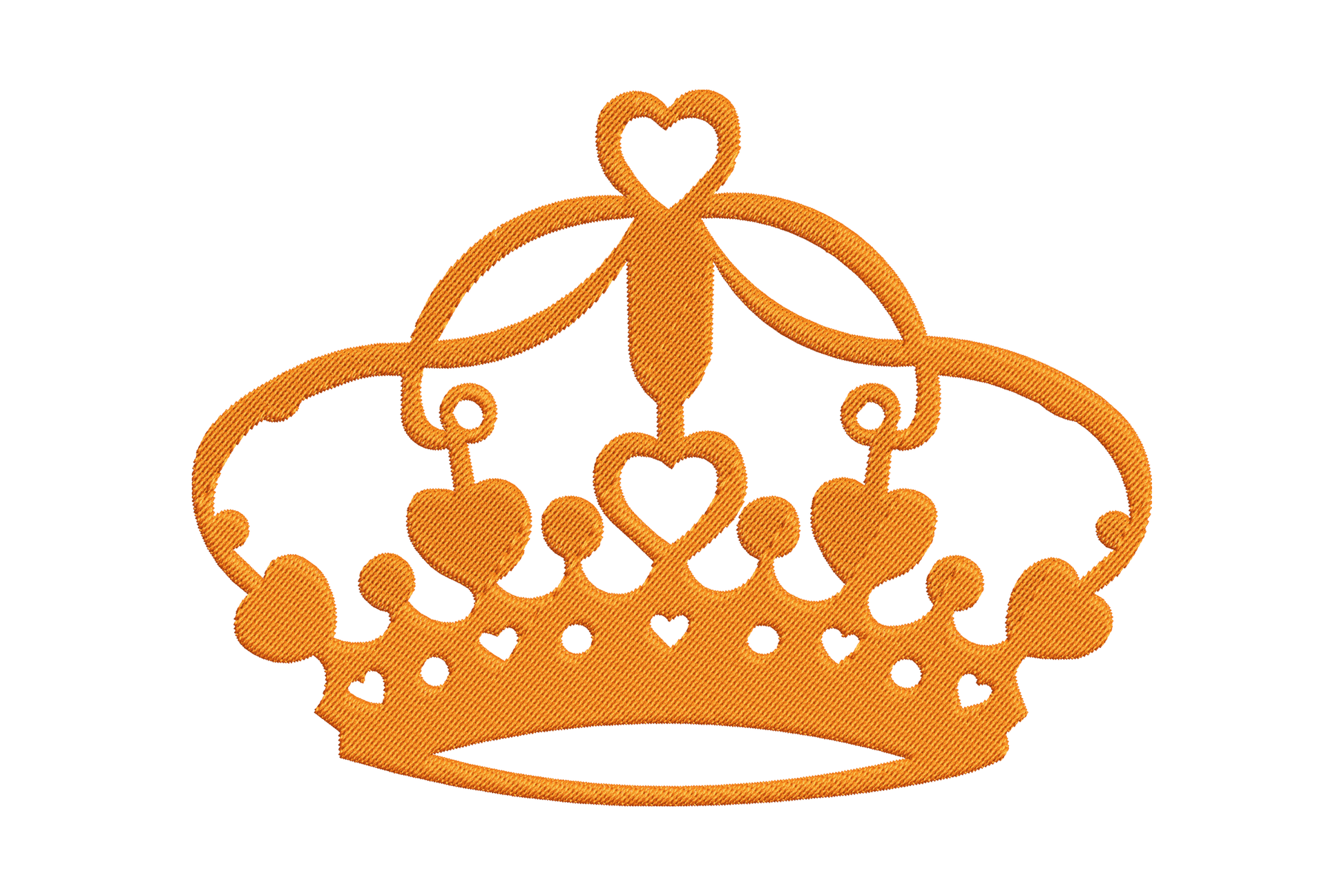 Hearts princess crown embroidery design in warm orange with tiara band, heart cutouts and a heart-topped centre spire