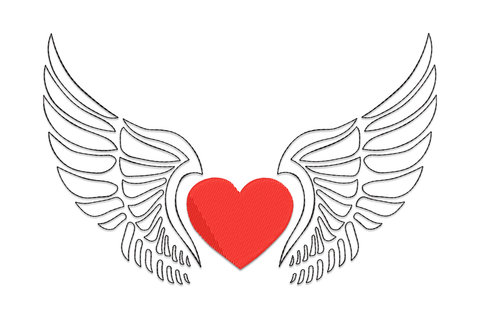Heart with angel wings embroidery, solid red filled heart centred between wide symmetrical feathered wings in black outline stitching