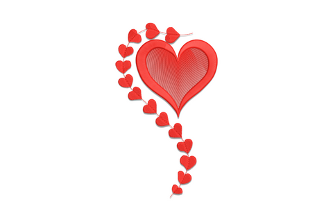 Heart with hanging vine embroidery design, outline heart and dangling mini hearts in single colour, minimal Valentine pattern