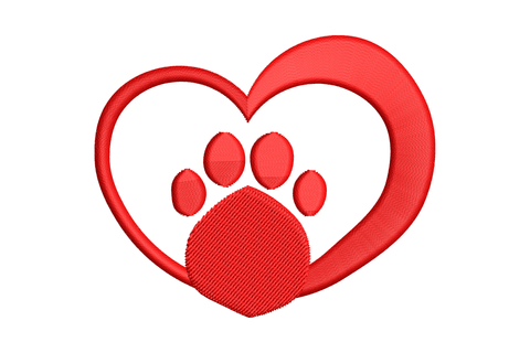 Red heart outline embroidery with fully filled red paw print centred inside, bold satin fill pet valentine design