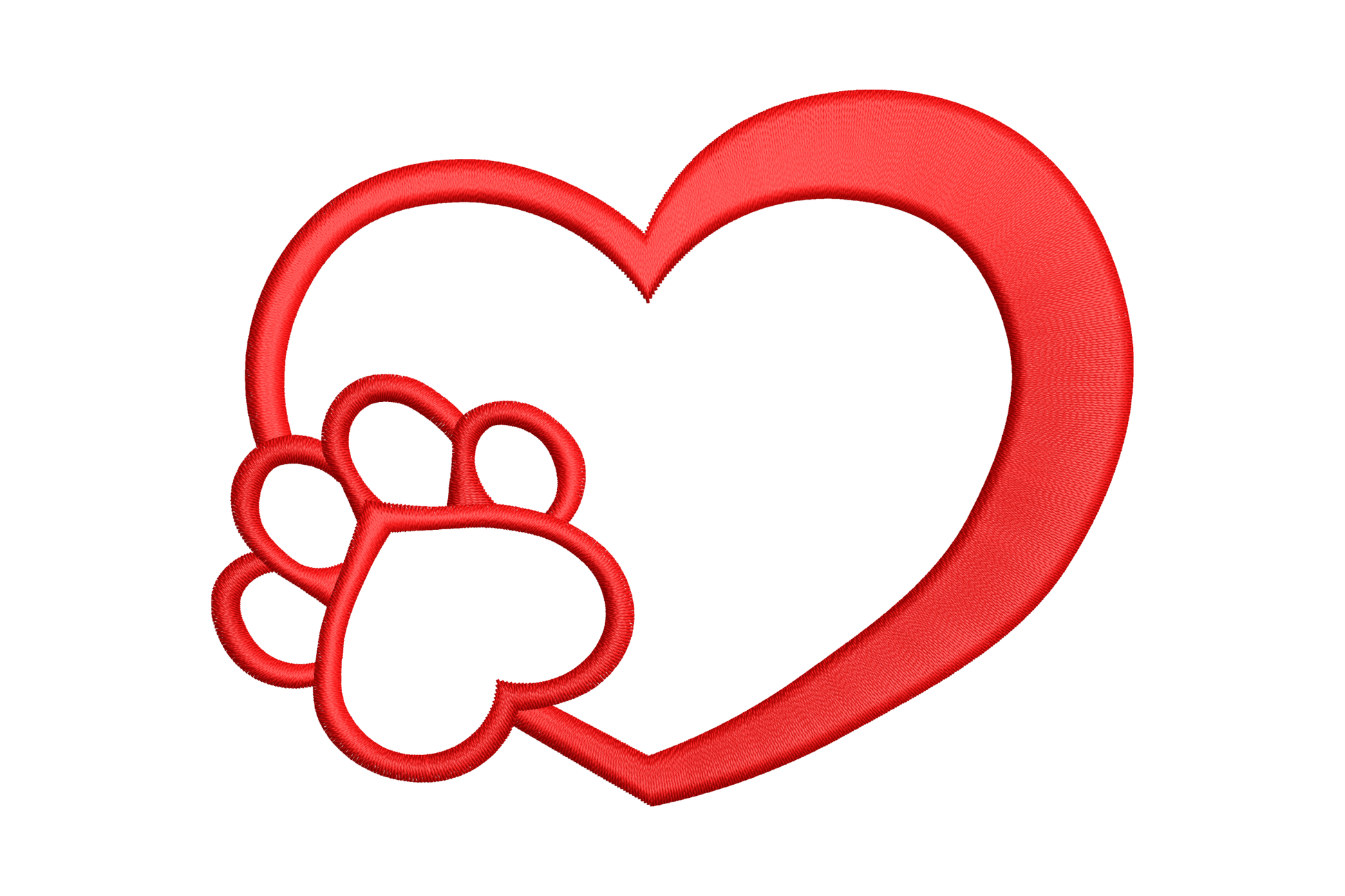 Heart outline embroidery with paw print tucked at lower left, red satin stitch on white background, pet lover valentine design