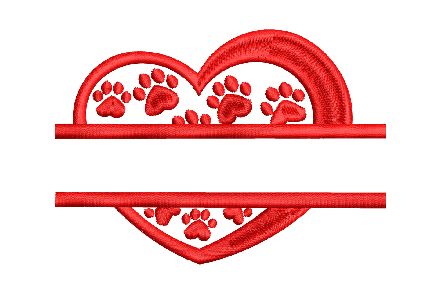 Red heart split frame embroidery filled with small paw prints, horizontal name gap in centre, valentine pet lover design