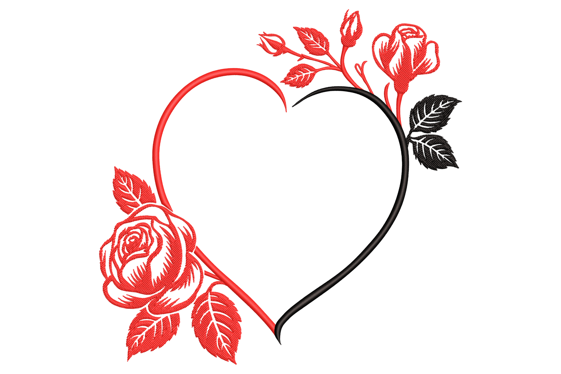 Valentine heart with roses embroidery, open heart frame split red and black outline, red roses on the corners.