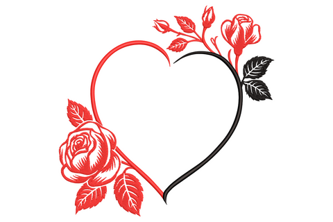 Valentine heart with roses embroidery, open heart frame split red and black outline, red roses on the corners.