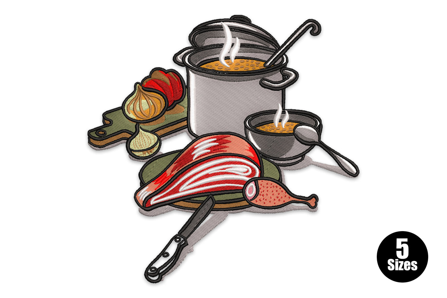 Hearty home cooking embroidery with a steaming stockpot, raw meat on a cutting board, chopping vegetables and a carving knife in cartoon illustration style.