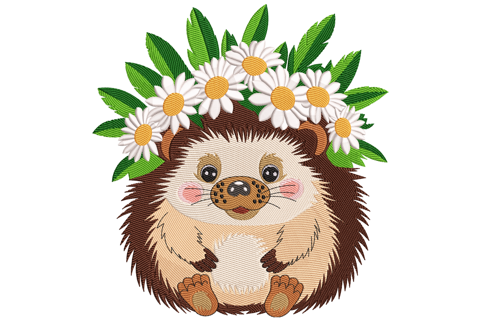 Hedgehog with daisy crown embroidery design showing a round chubby hedgehog with dark brown spines, big eyes, pink blushed cheeks, and a full crown of white daisies with yellow centres and green leaves.