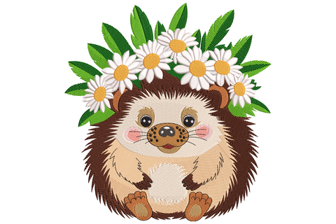 Hedgehog with daisy crown embroidery design showing a round chubby hedgehog with dark brown spines, big eyes, pink blushed cheeks, and a full crown of white daisies with yellow centres and green leaves.