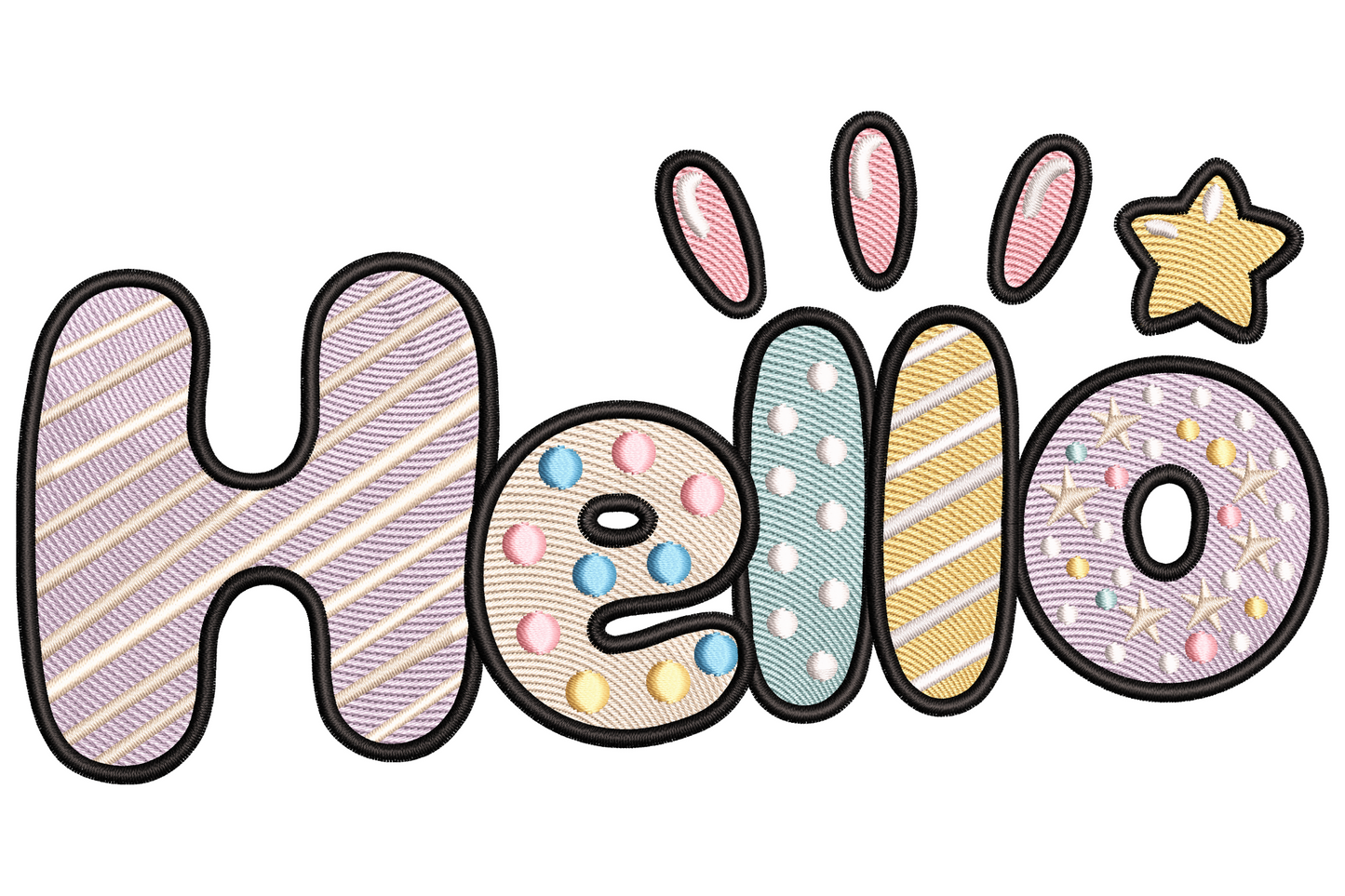 Hello applique embroidery design in lavender, sand and pink cursive bubble letters with diagonal stripe fills.