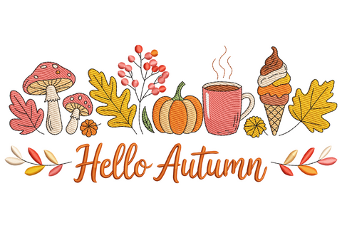 Hello Autumn fall elements embroidery design with stacked pumpkins, leaves, lettering in 12 colours, burnt orange, rust and olive on cream.