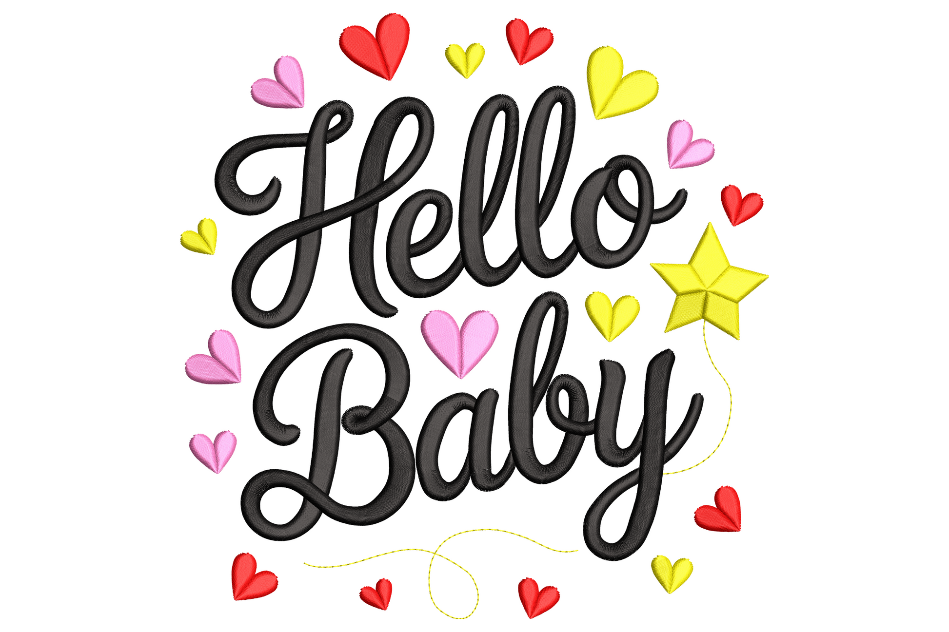 Hello Baby embroidery in chunky black cursive surrounded by red, pink and yellow hand-drawn hearts plus a yellow star.